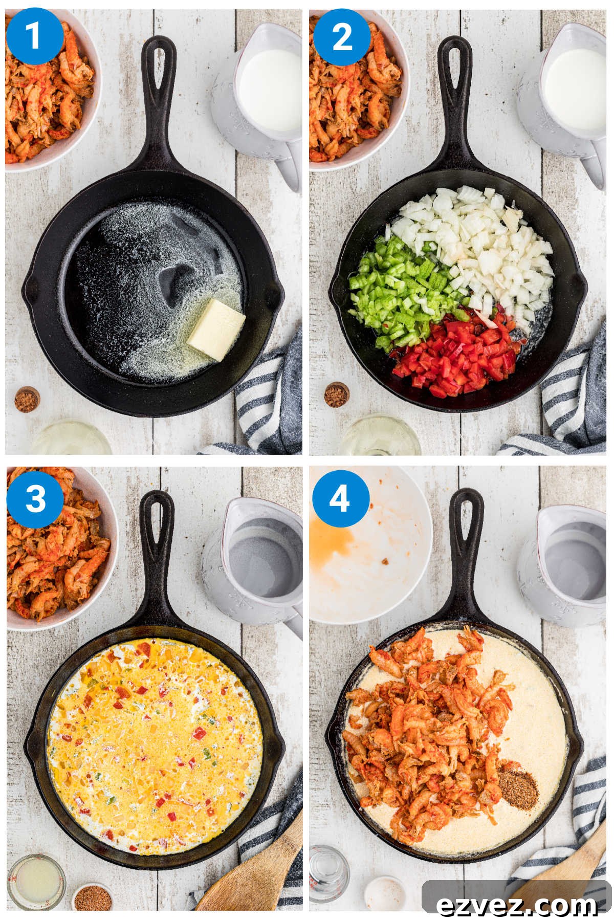 A collage of four images showing how to make a crawfish sauce recipe, steps 1 through 4.
