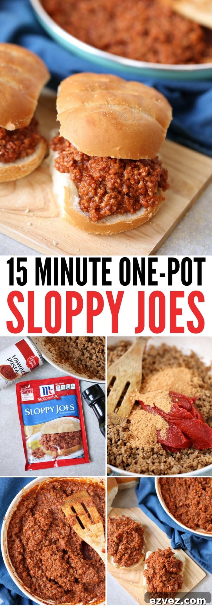 15-Minute One-Pot Sloppy Joes Recipe 5 Pinterest image for quick and easy one pot sloppy joe recipe.