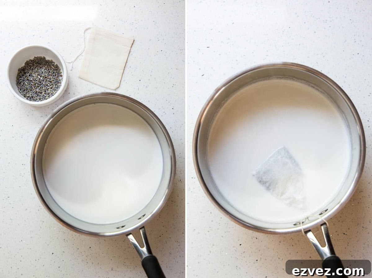 Steeping dried lavender flowers in milk and cream.