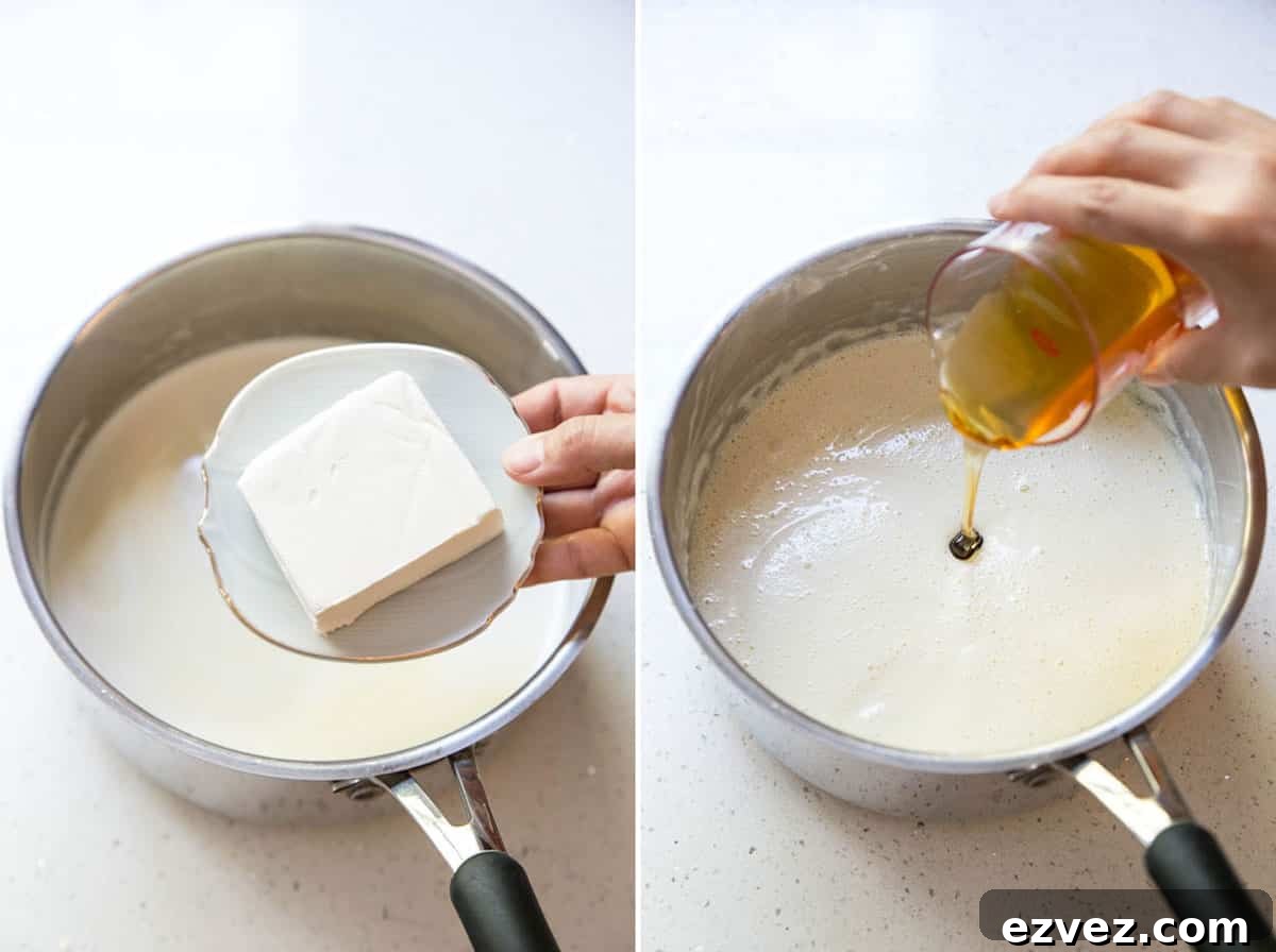 Final steps: adding cream cheese, honey, etc. to make the lavender ice cream base with honey.