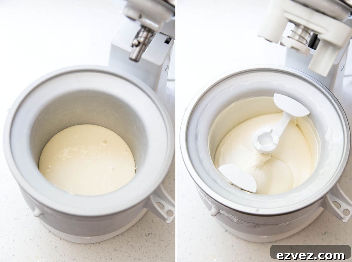 Churn the lavender ice cream base in the ice cream maker.