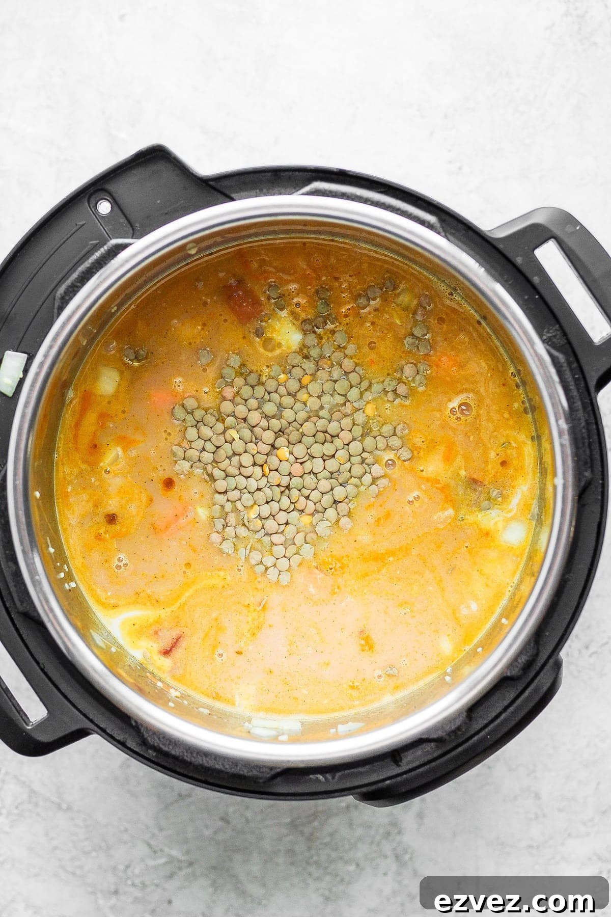 All the ingredients for lentil soup in the Instant Pot. 