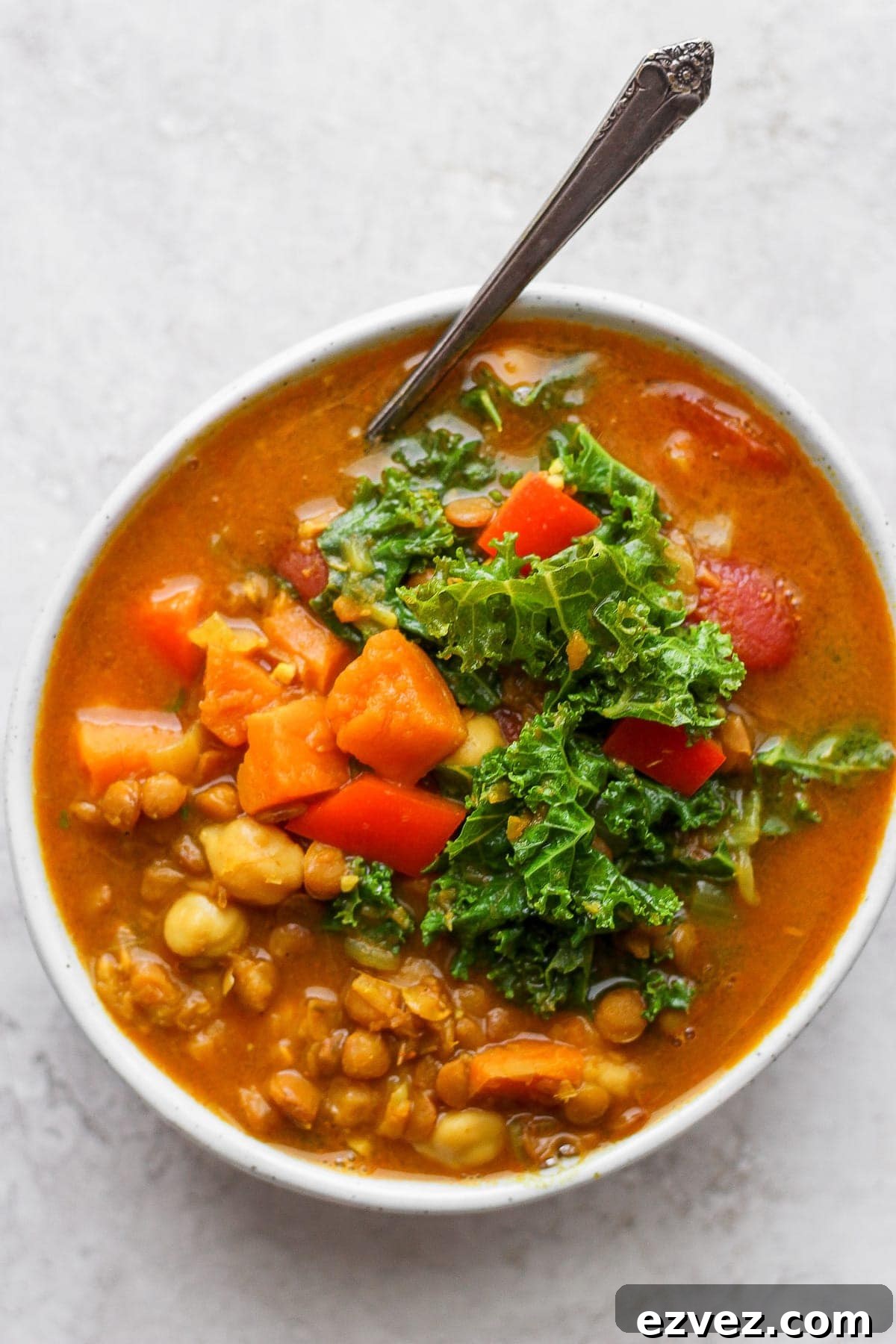 Instant Pot lentil soup in a bowl. 