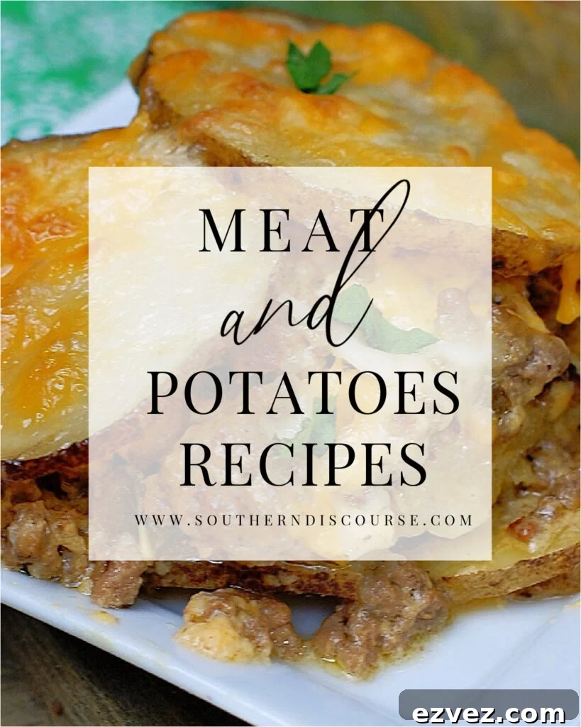 Meat and potatoes recipe round up title with text overlay.