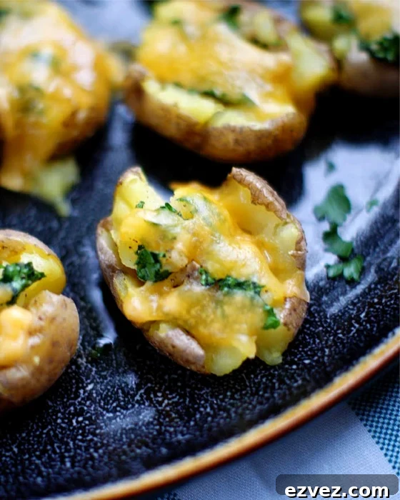 Close Up of Smashed Potato Bites with cheddar cheese