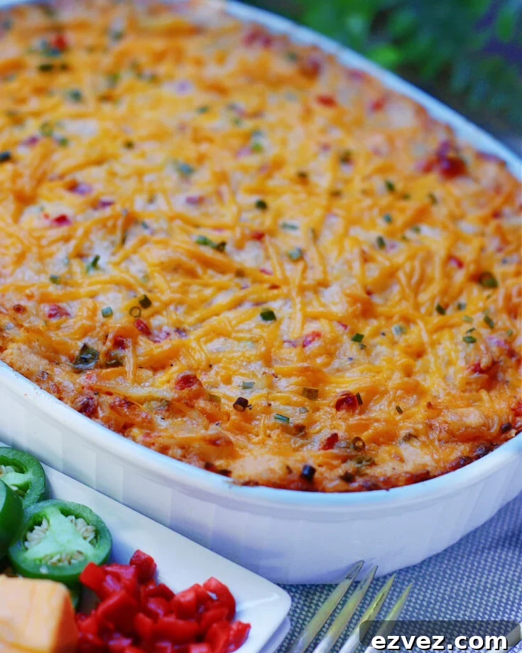 cheesy hash brown casserole made with pimento cheese