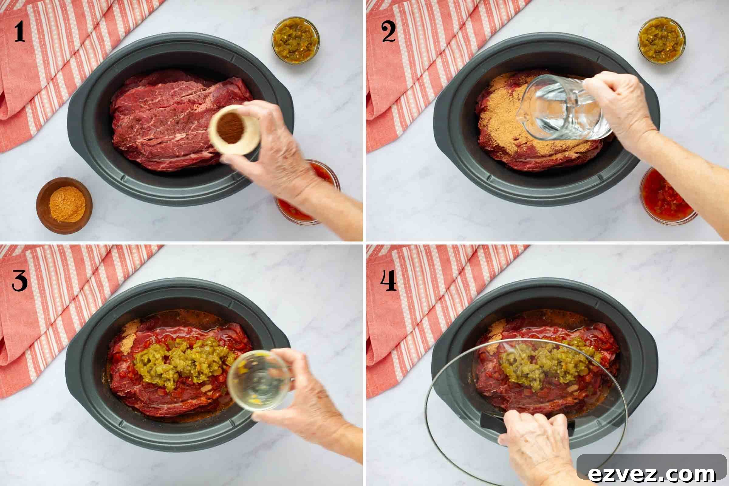 Composite image: steps for building ingredients in the slow cooker and covering with lid.