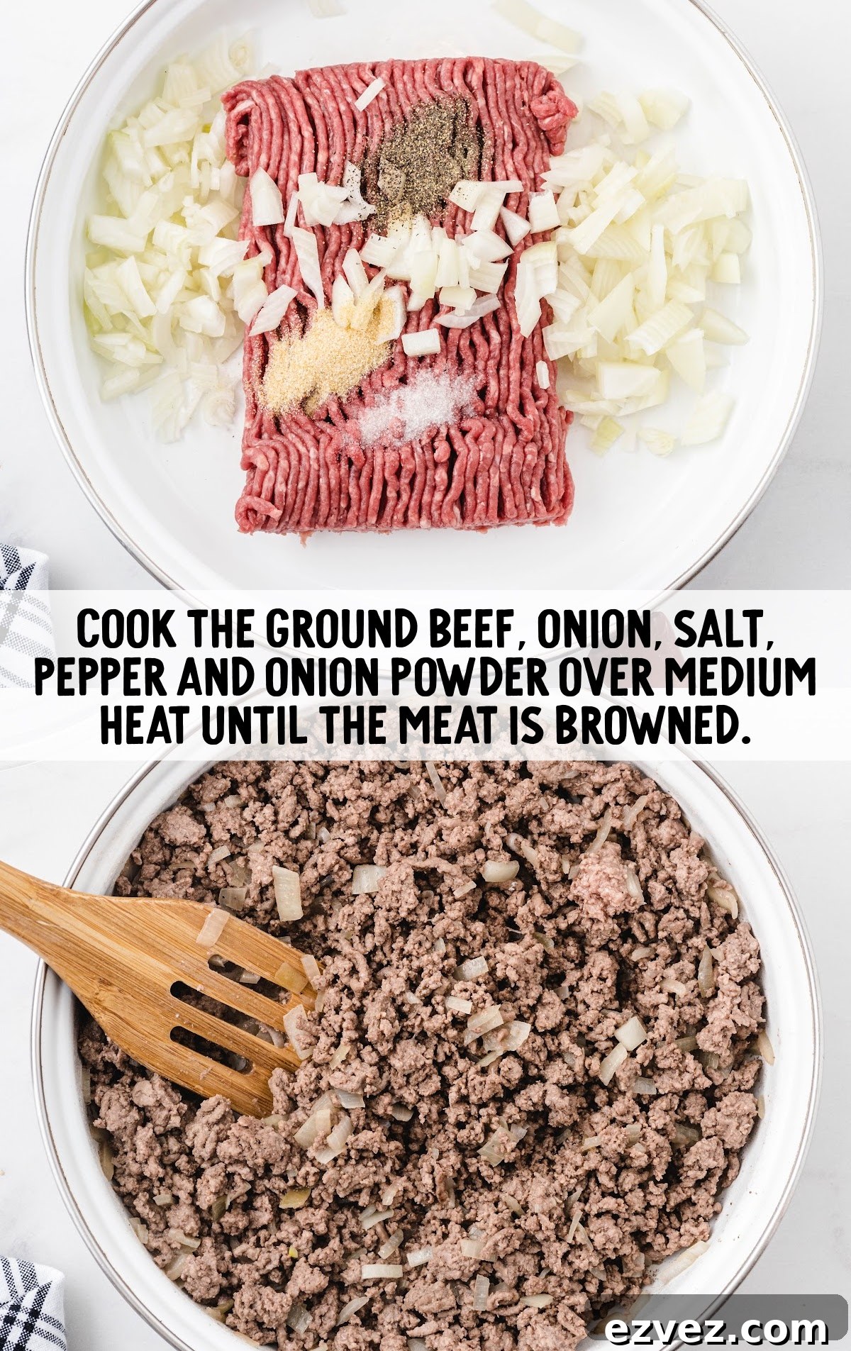 ground beef, onions, and seasonings being cooked in a skillet