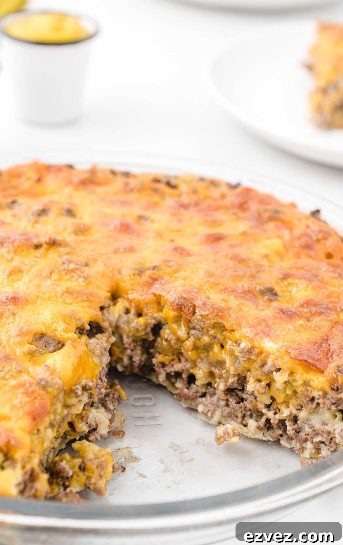 close up shot of Cheeseburger Pie in a baking dish