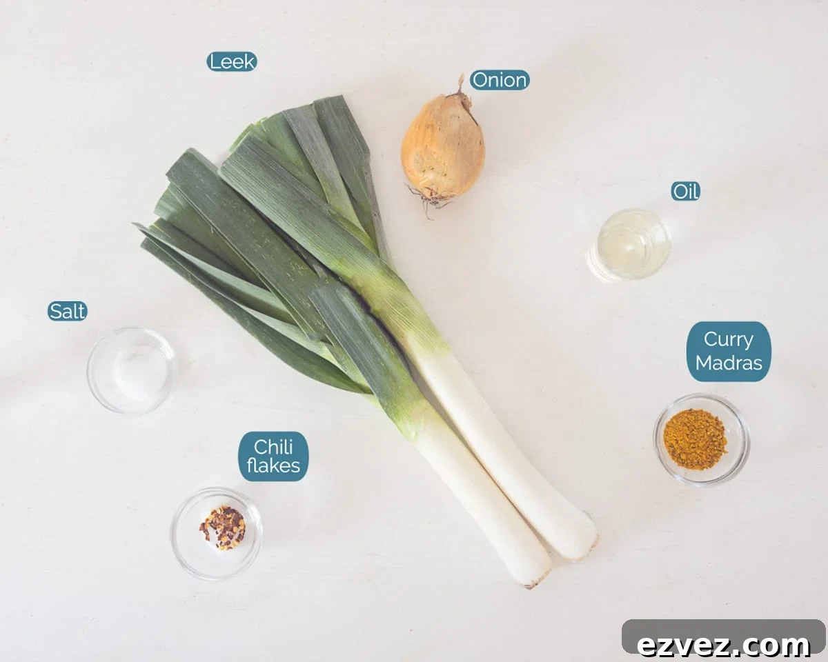 Ingredients Sri Lankan Leek Curry, individually labelled on a white background