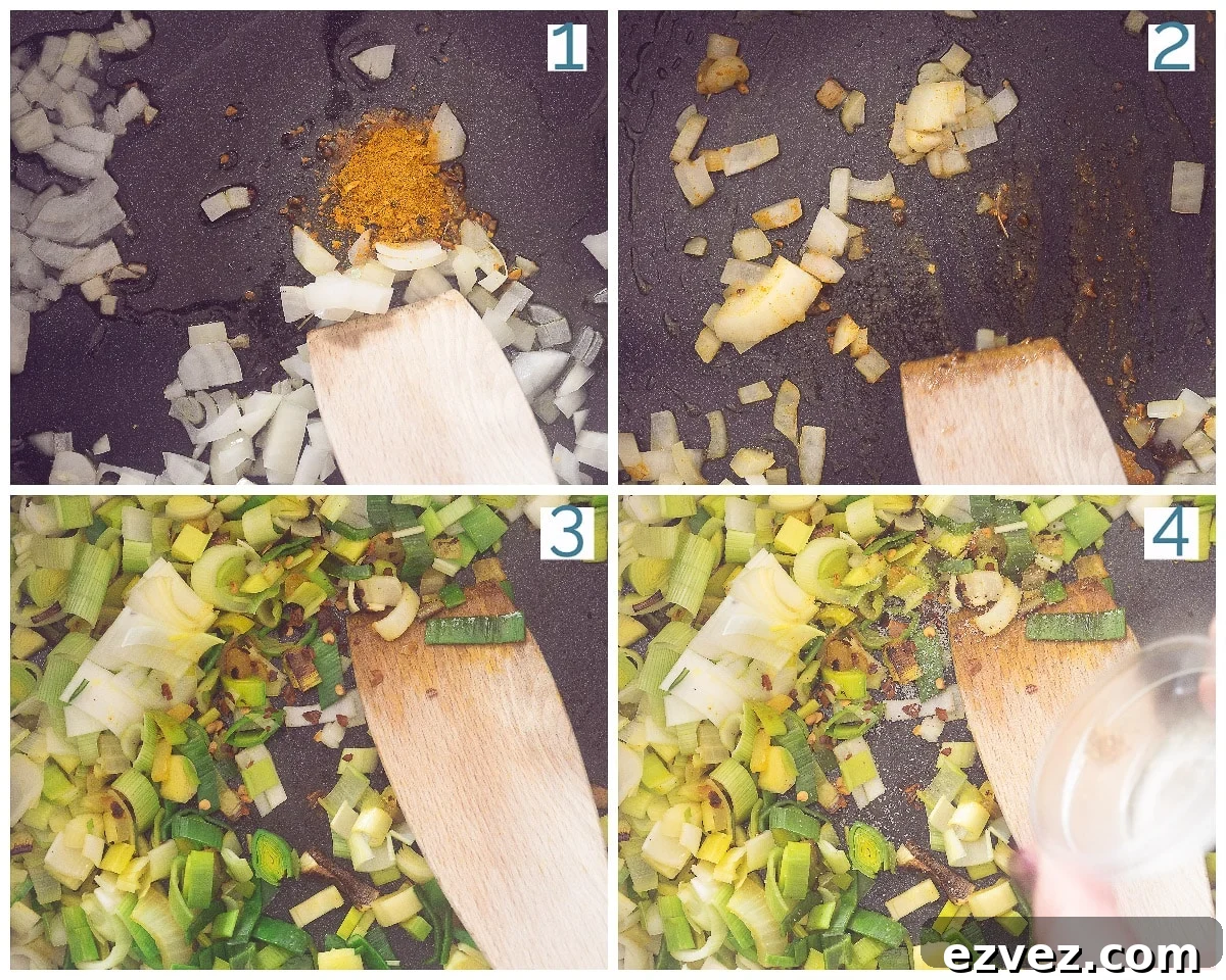 4 collage photo preparation Sri Lankan Leek Curry
