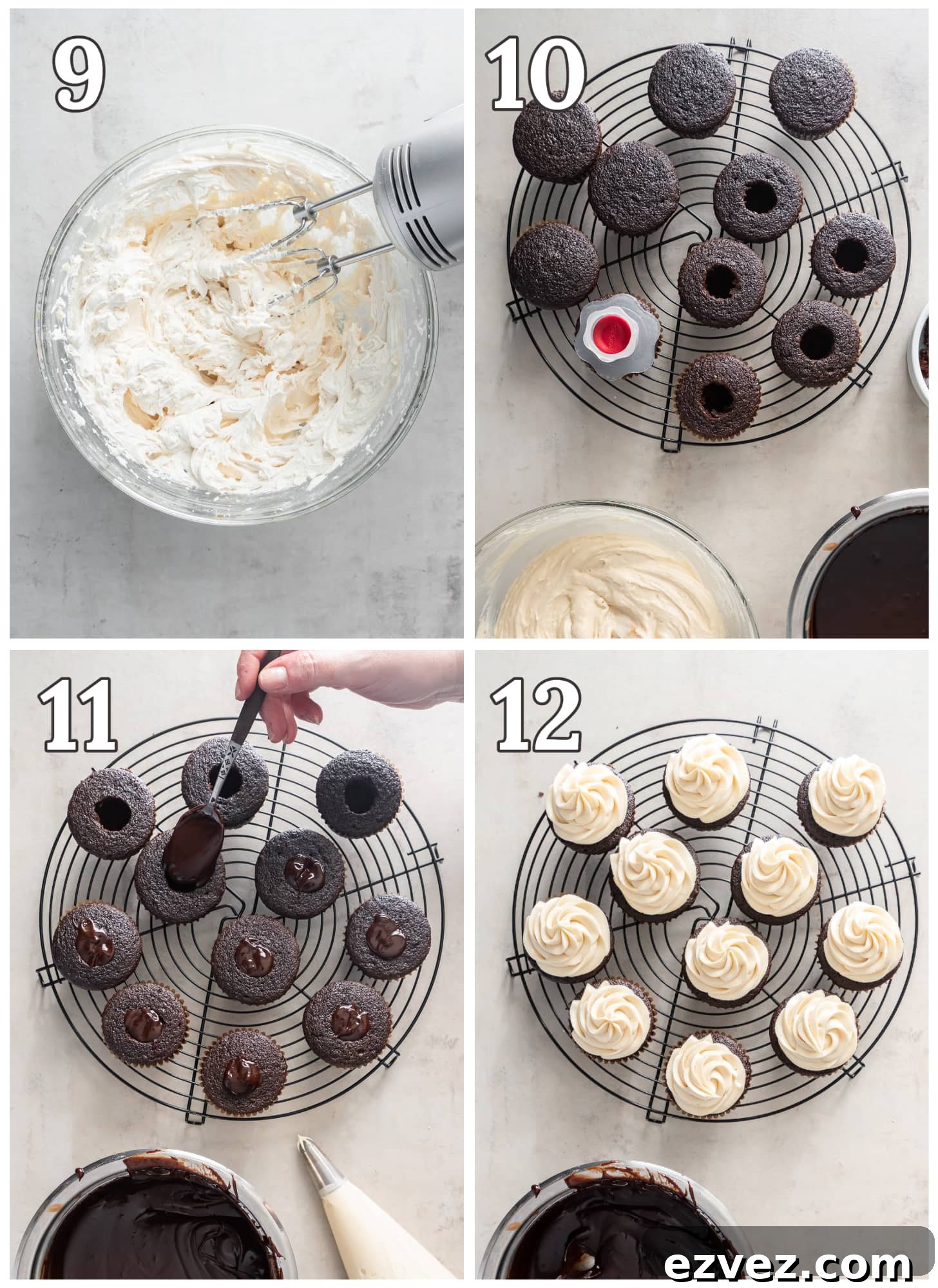 photo collage demonstrating how to make baileys frosting and assemble guinness cupcakes with whiskey ganache.