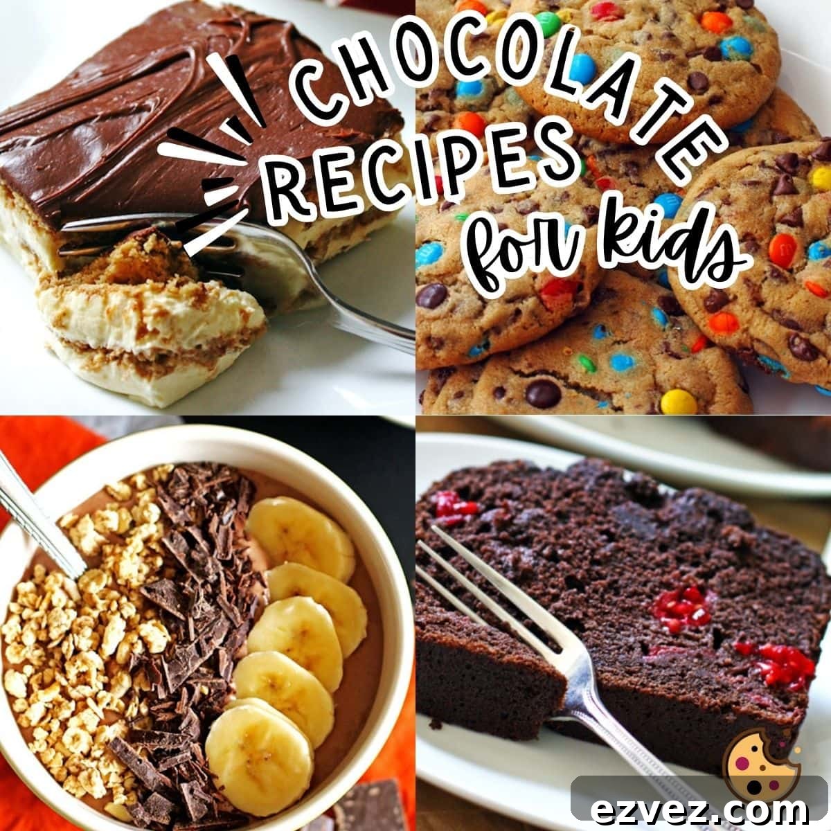 A collage of chocolate recipes for kids, eclair cake, cookies, a smoothie bowl, and chocolate banana bread.