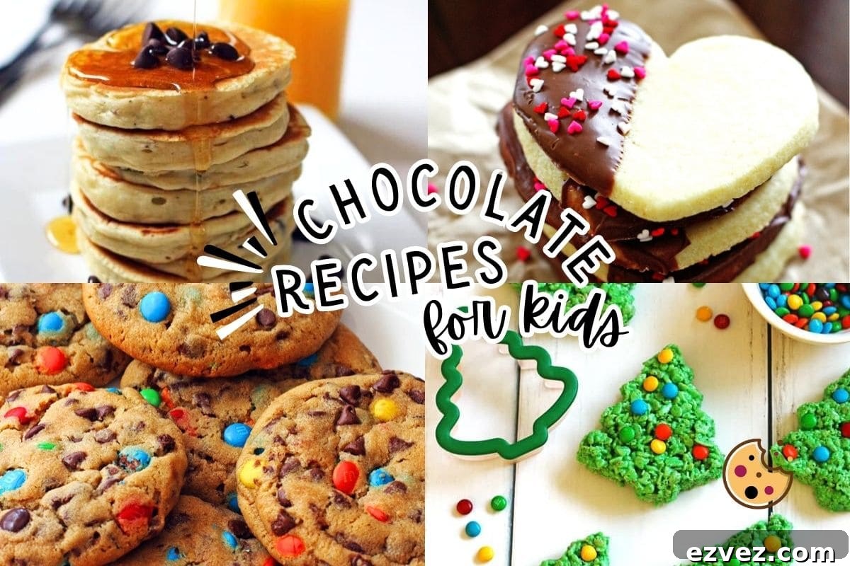 A collage of chocolate recipes for kids, chocolate chip pancakes, m and m cookies, sugar cookies, and Christmas tree rice krispie treats.