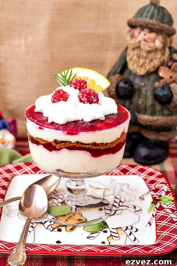 A small trifle bowl filled with layers of no-bake cheesecake, cranberry orange compote, and cookie crumbs.