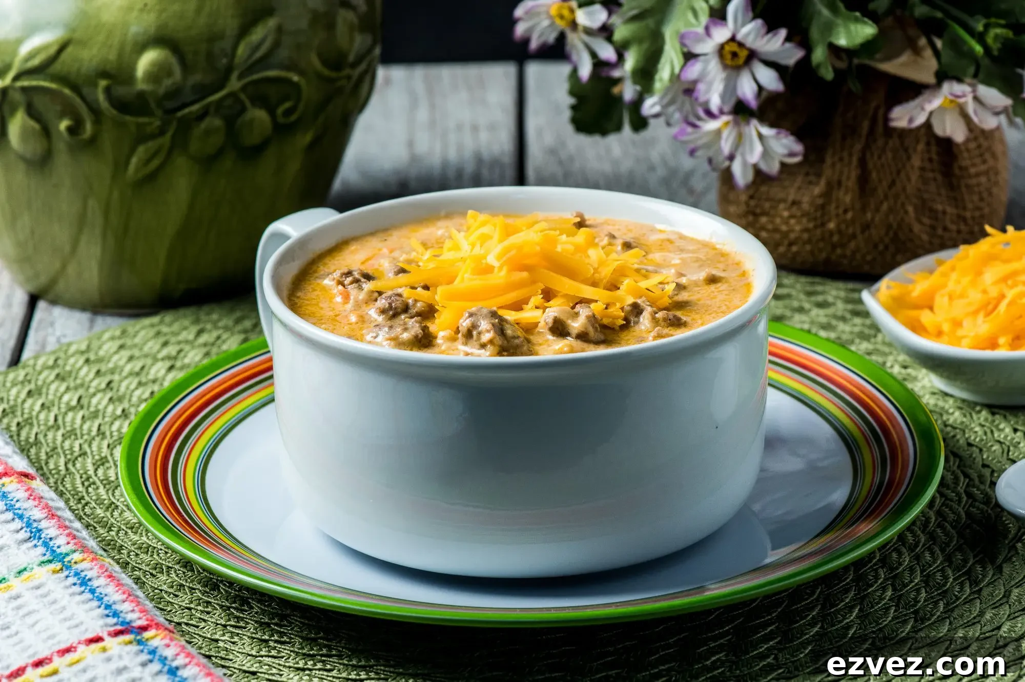 Cheeseburger Soup Recipe: Comforting, Creamy Dinner in 30 Minutes 9 Bowl topped with extra cheese