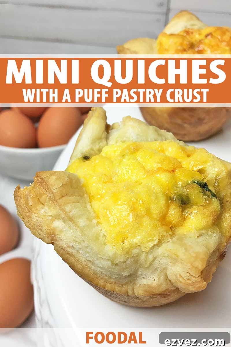 Vertical image of two mini puff pastry quiches, with text on the top and bottom of the image.