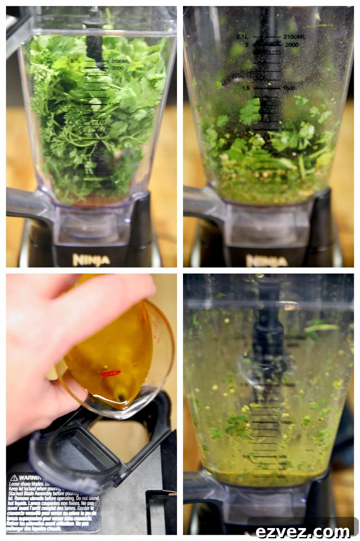 Collage of making chimichurri sauce in a blender.