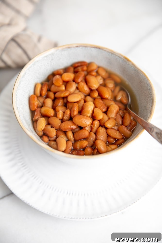 Close-up side view of a bowl of cooked pinto beans.