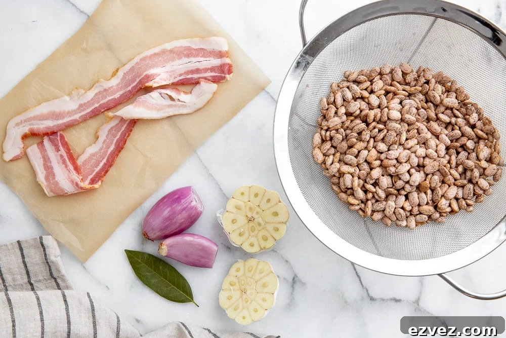 Process shot showing all of the ingredients to make pinto beans from scratch.