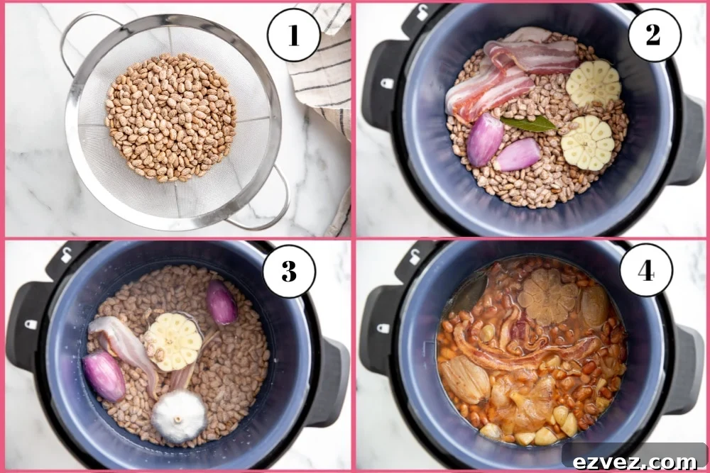 Process shot divided into four quadrants, showing the steps for making Instant Pot pinto beans.
