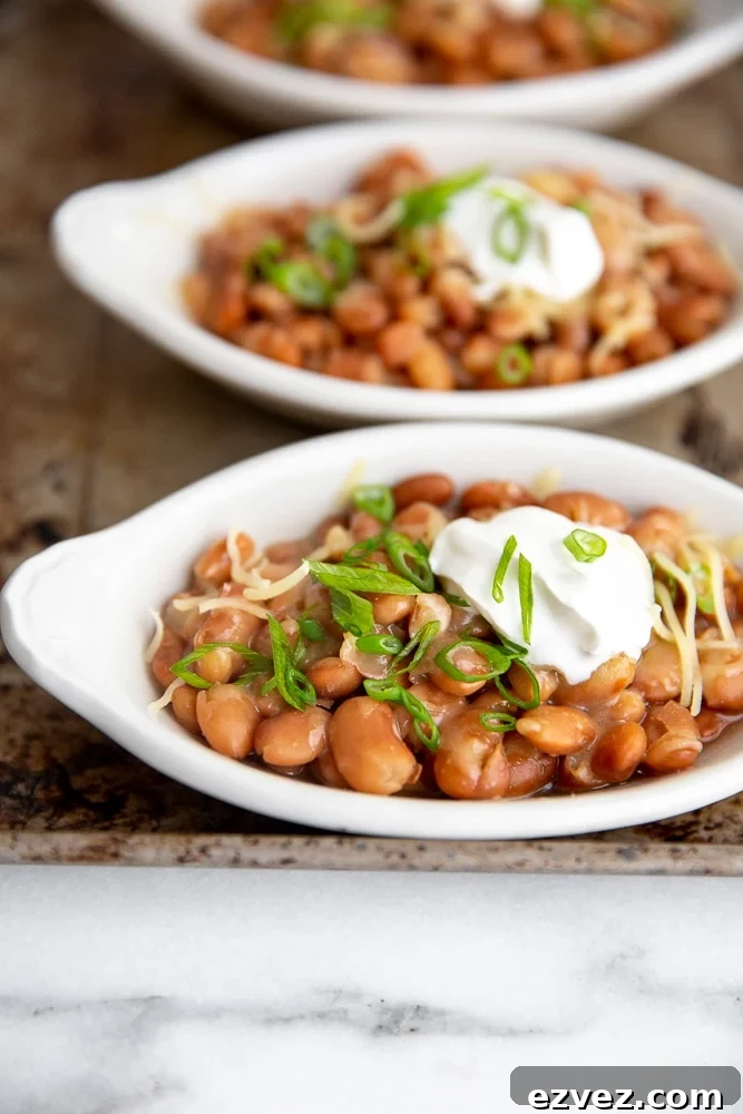 Close up of a dish of pinto beans topped with cheese, sour cream and scallions.