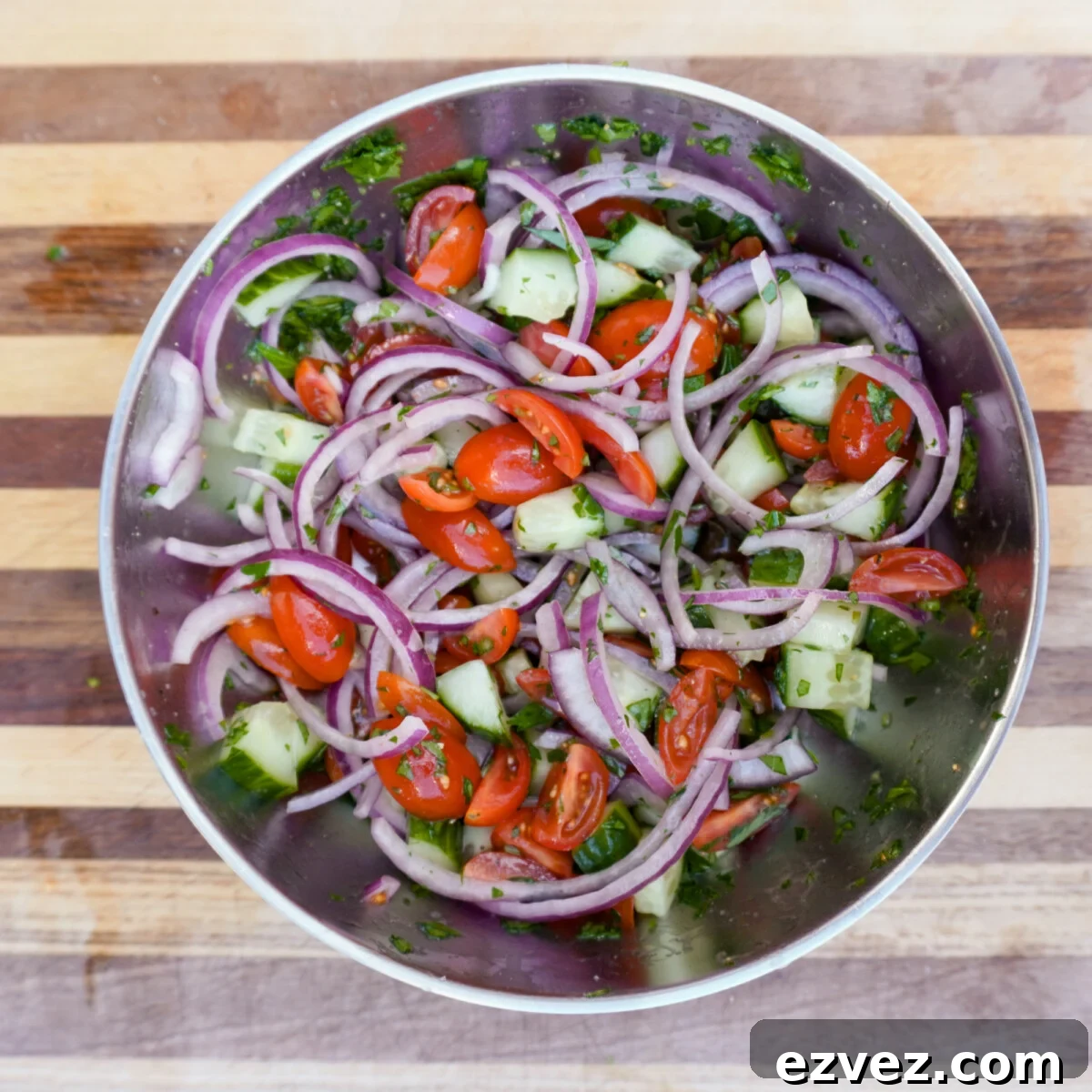 Authentic Grilled Chicken Shawarma Recipe for Flavorful Meals 7 freshly chopped veggies in a blue yeti bowl.