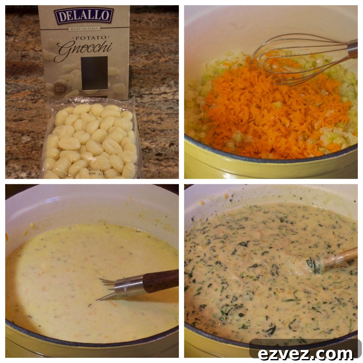 Bowl of soup with gnocchi and spinach