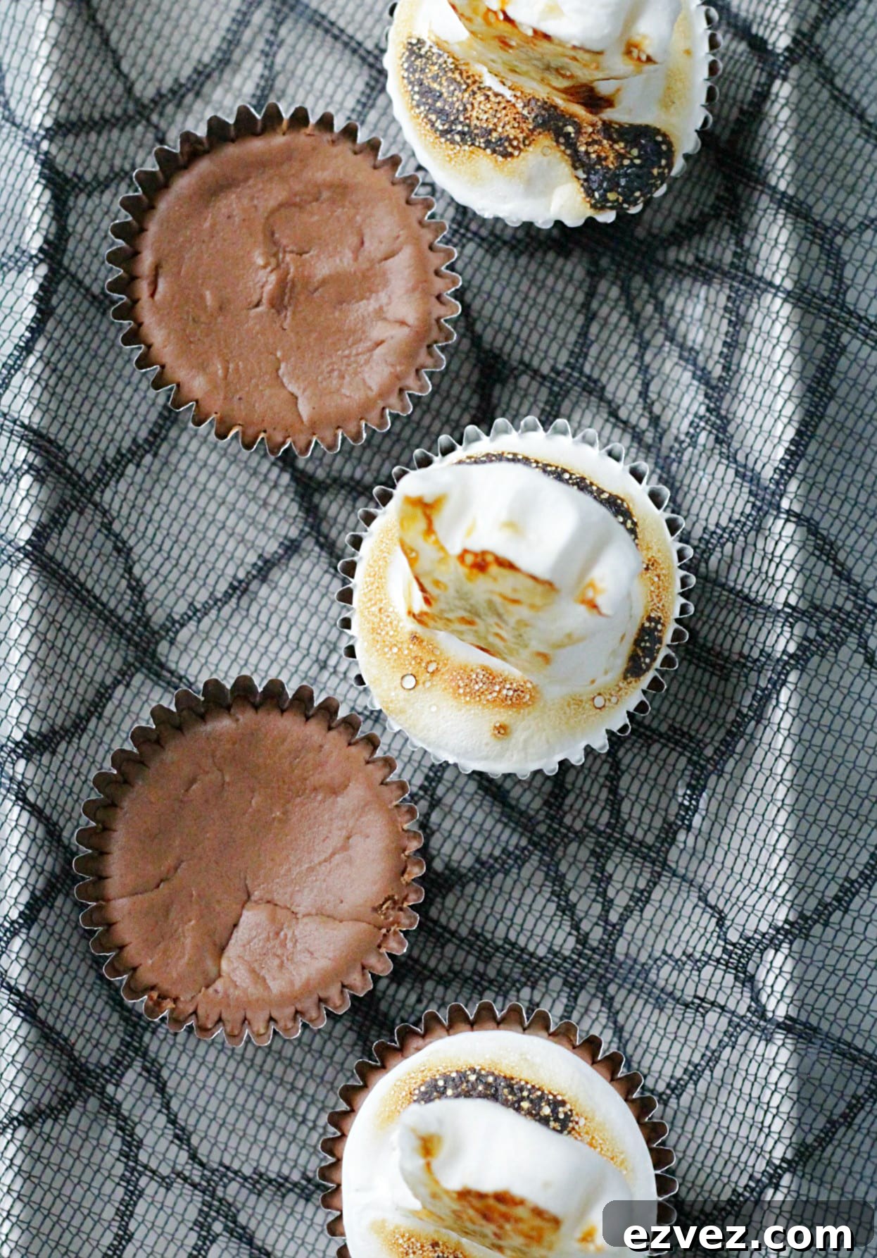 overhead view of ghostly s'mores cheesecakes