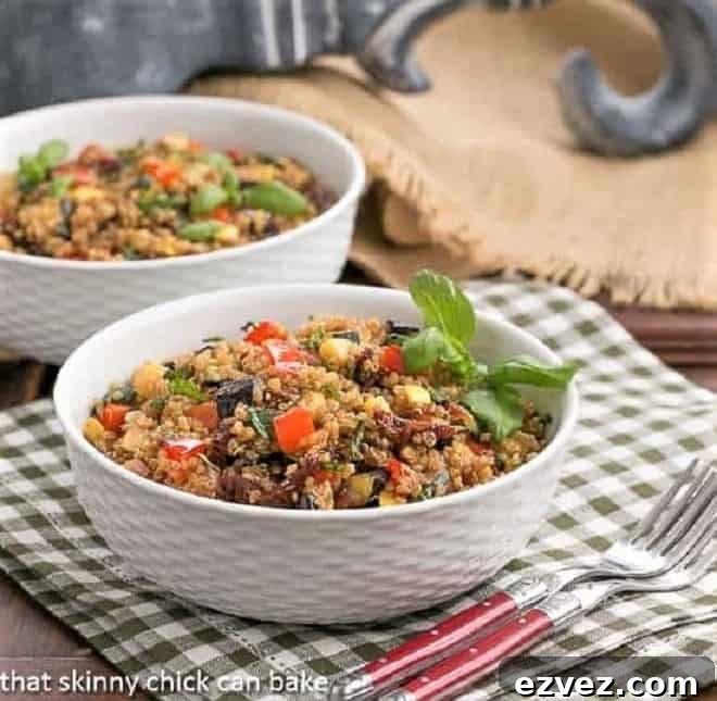 Two bowls of quinoa salad on a checked napkin