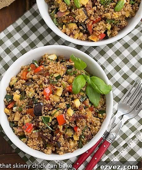 Overhead view of two bowls of Quiona Salad with Roasted Vegetables 