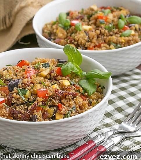  Quinoa Salad with Roasted Vegetables in two white bowls