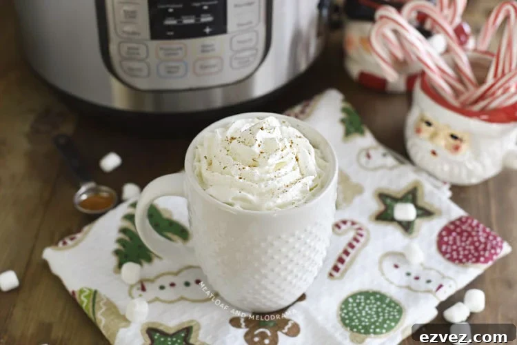 cup of hot chocolate with whipped cream in front of an instant pot