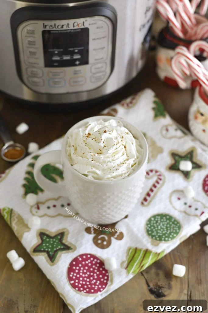 homemade hot cocoa in a white mug with whipped cream