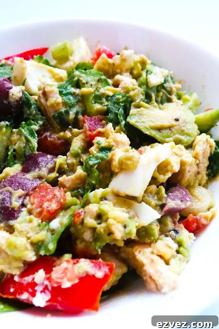 Keto and paleo avocado chicken salad served as a fresh no-mayo chicken salad for lunch or a snack.
