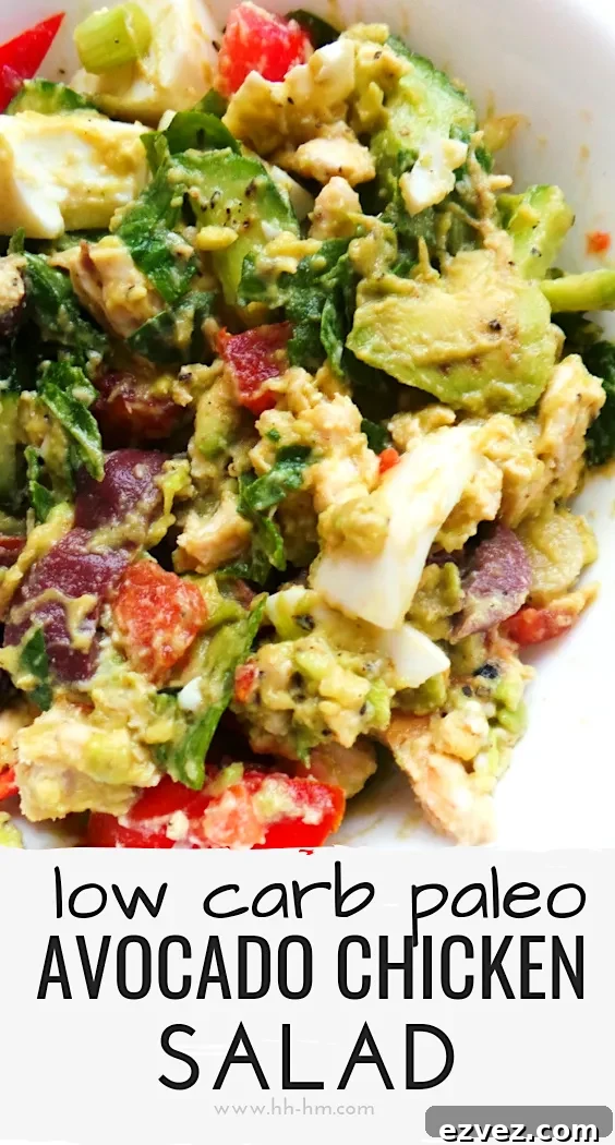 Healthy low carb avocado chicken salad with no mayo, made with chicken, avocado, egg, olives, herbs, and vegetables.