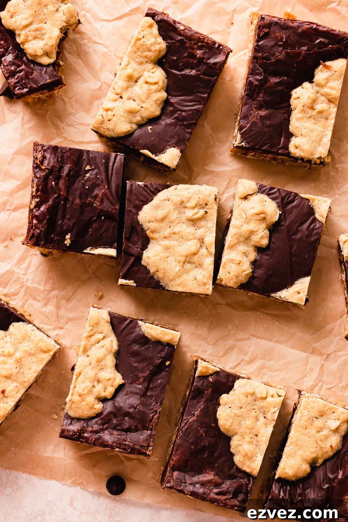sliced copycat starbucks oatmeal fudge bars on parchment paper