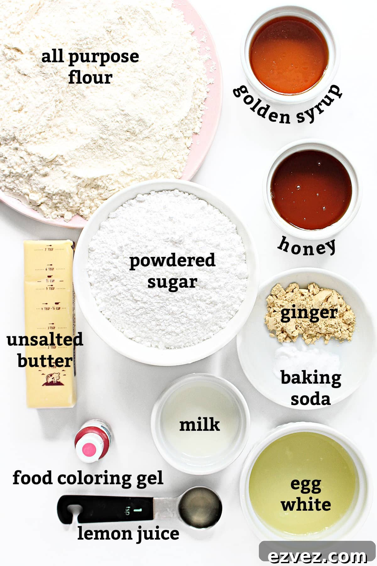 Irresistible Honey Jumbles Cookies Recipe for Crispy, Sweet Bites 3 Ingredients: flour, golden syrup, honey, powdered sugar, butter, ginger, baking soda, milk, egg white, lemon juice, food coloring.