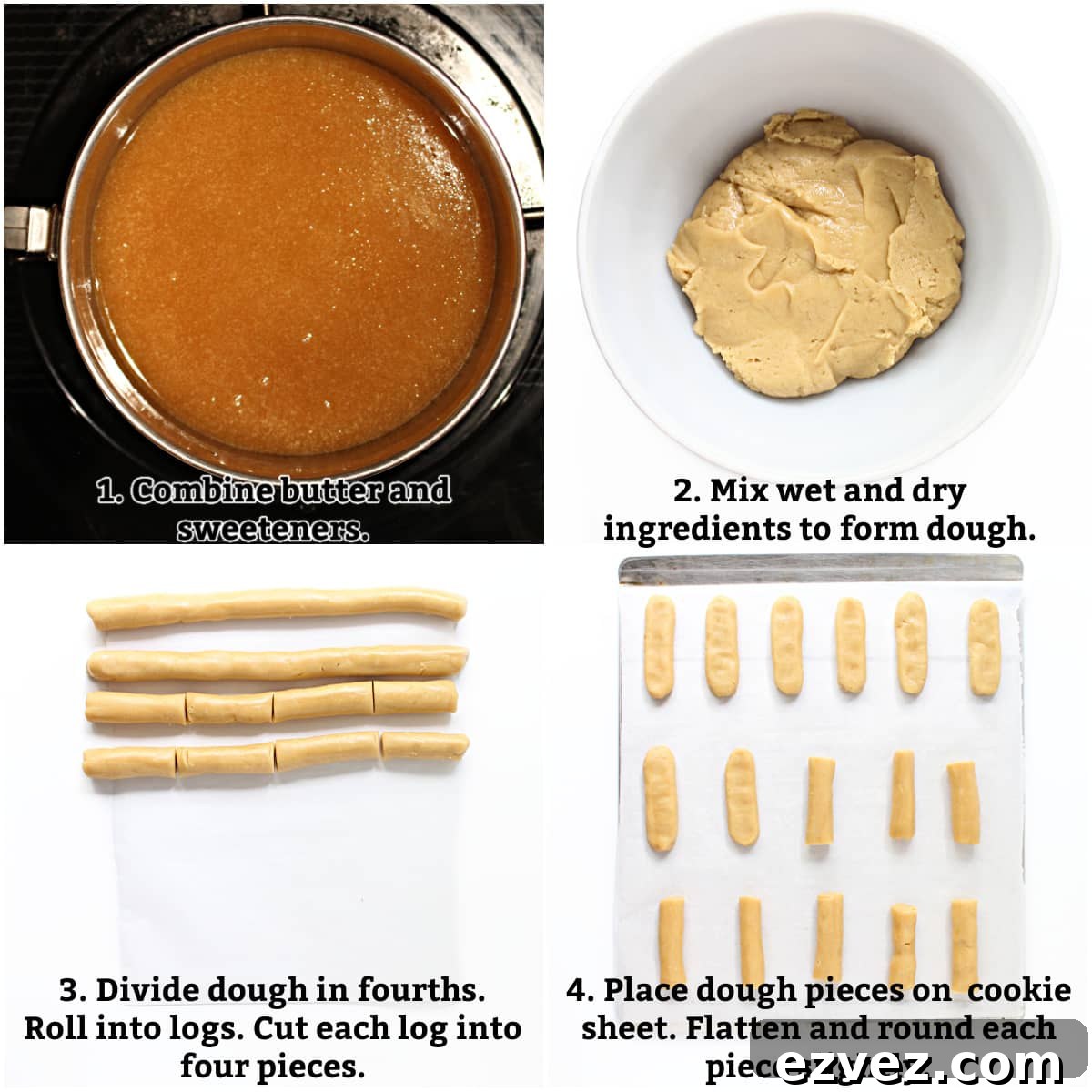 Irresistible Honey Jumbles Cookies Recipe for Crispy, Sweet Bites 4 Instructions: melt butter with sweeteners, form dough, divide dough into cookies, flatten on baking sheet, bake.