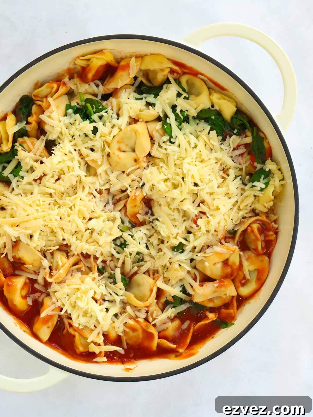 Casserole dish filled with 10 minute Spinach and Ricotta Tortellini Lasagne