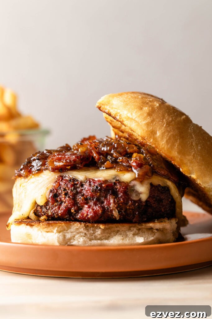 smokehouse burger with bacon onion jam on a plate
