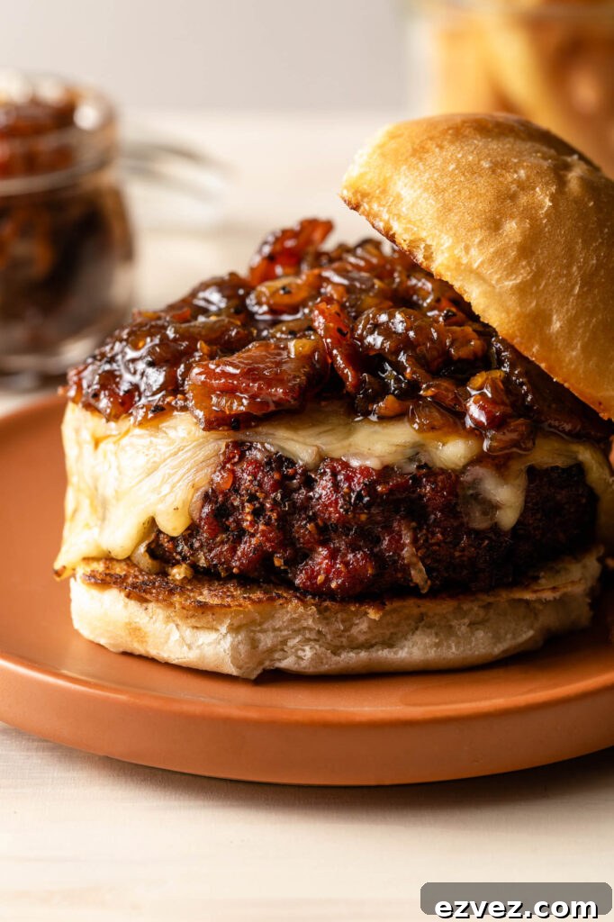 smokehouse burger with bacon onion jam on a plate