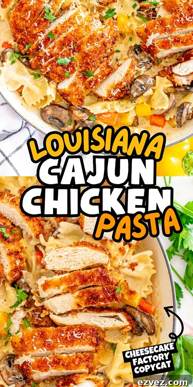 Two platters with sliced Cajun-spiced chicken over pasta mixed with mushrooms and vegetables. Text reads "Louisiana Cajun Chicken Pasta - Cheesecake Factory Copycat"  in the middle.