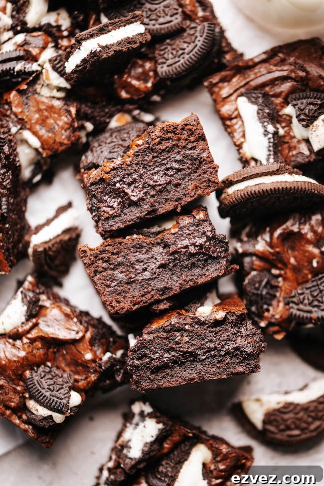 side view of oreo brownies showing fudgy center