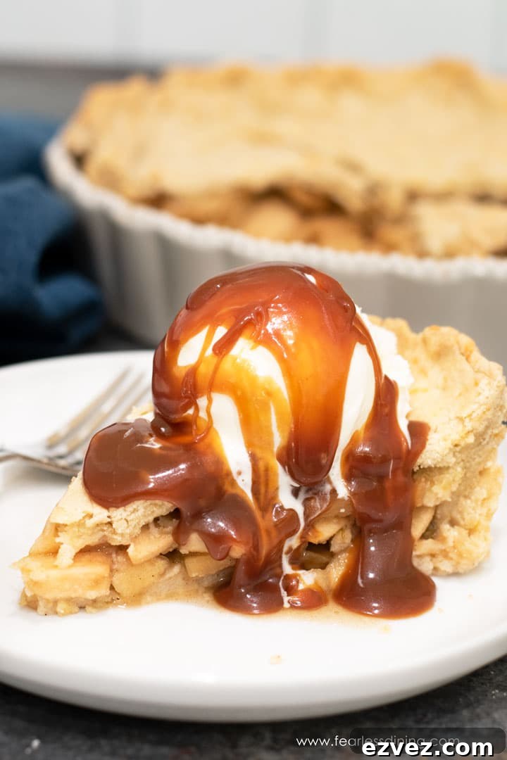 Fire-Roasting Hatch Chiles: Step-by-Step Guide + 12 Delicious Recipes 11 a slice of green chile apple pie with a scoop of vanilla ice cream and caramel sauce