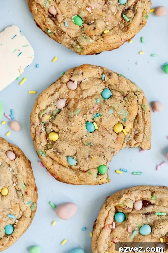 Close-up of Levain-style mini egg cookies with pastel sprinkles.