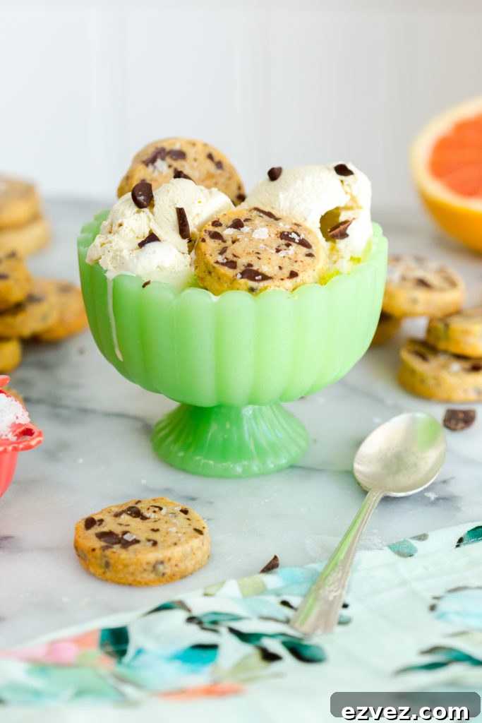 Grapefruit Chocolate Shortbread Cookies with vanilla ice cream