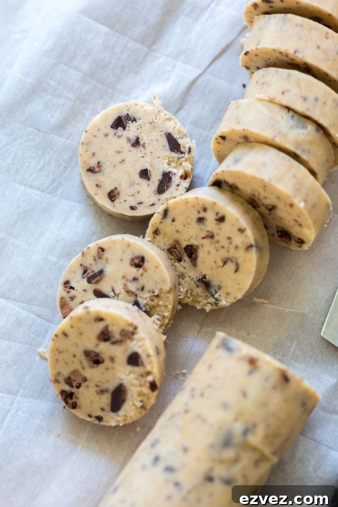 Slicing shortbread cookie log
