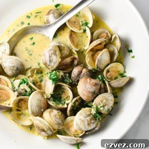Steamed clams in a creamy broth, topped with parsley in a giant white bowl with a stainless steel spoon dipping in.