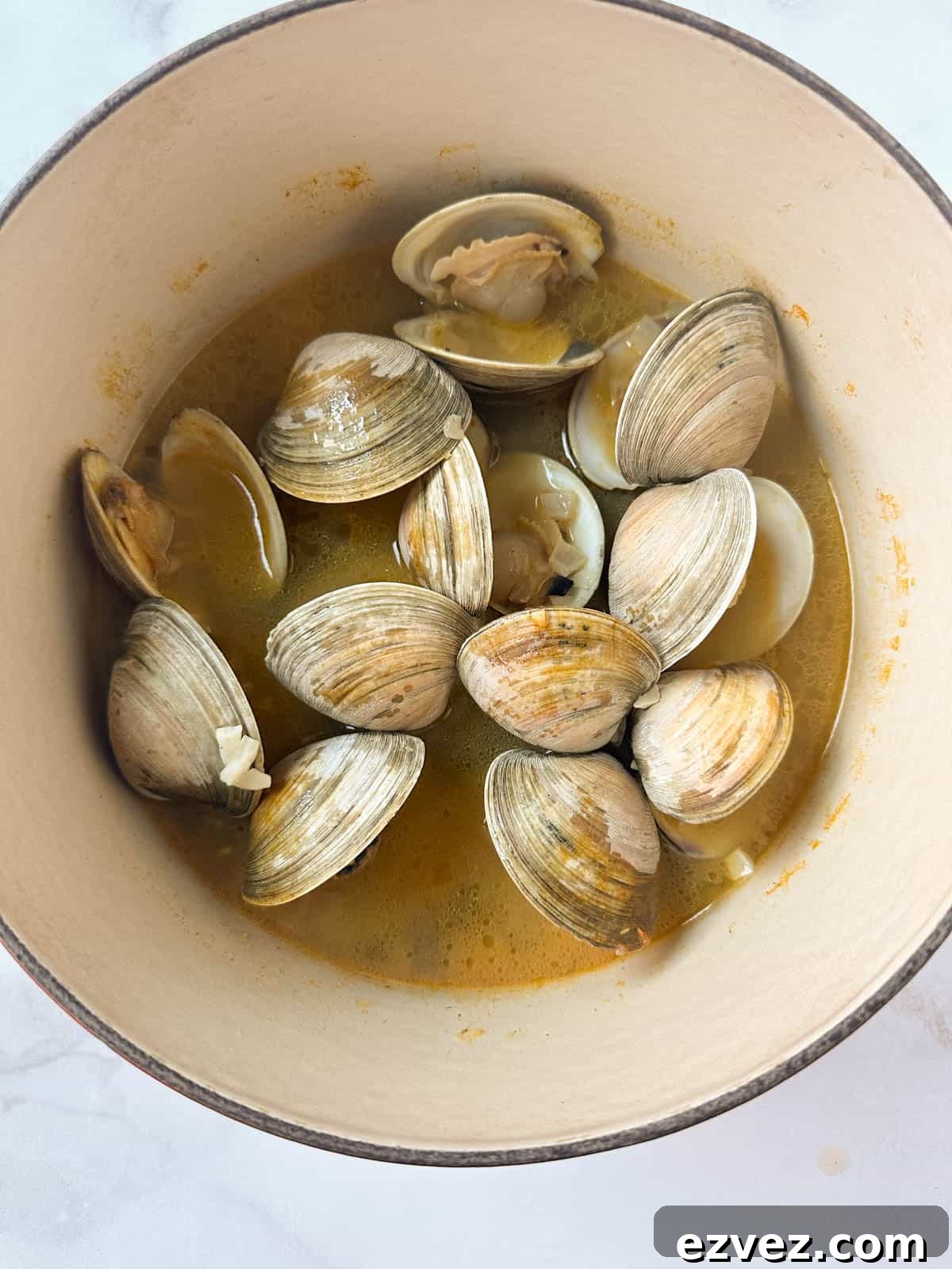 Open littleneck clams in a dutch oven in broth after cooking.